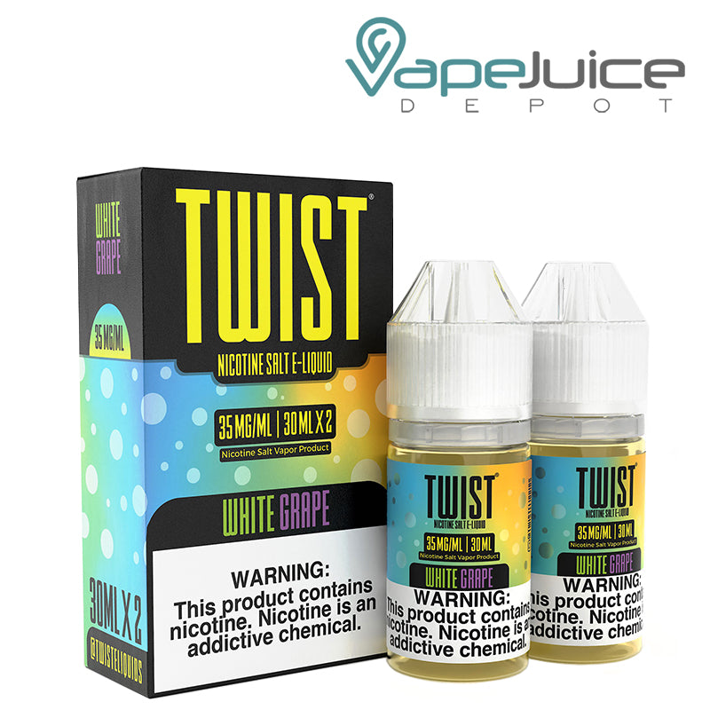 A box of White Grape Twist Salt 35mg E-Liquid with a warning sign and two 30ml bottles next to it - Vape Juice Depot