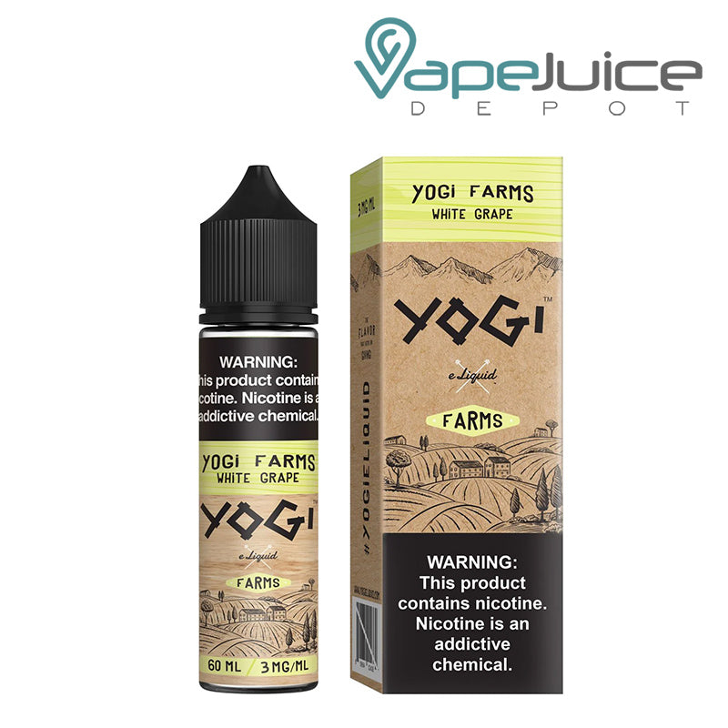 A bottle of White Grape YOGI Farms eLiquid 60ml and a box with warning sign - Vape Juice Depot