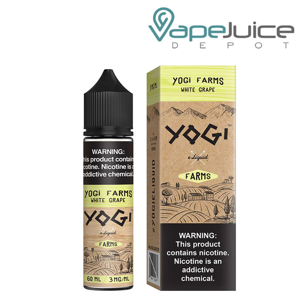 A bottle of White Grape YOGI Farms eLiquid 60ml and a box with warning sign - Vape Juice Depot