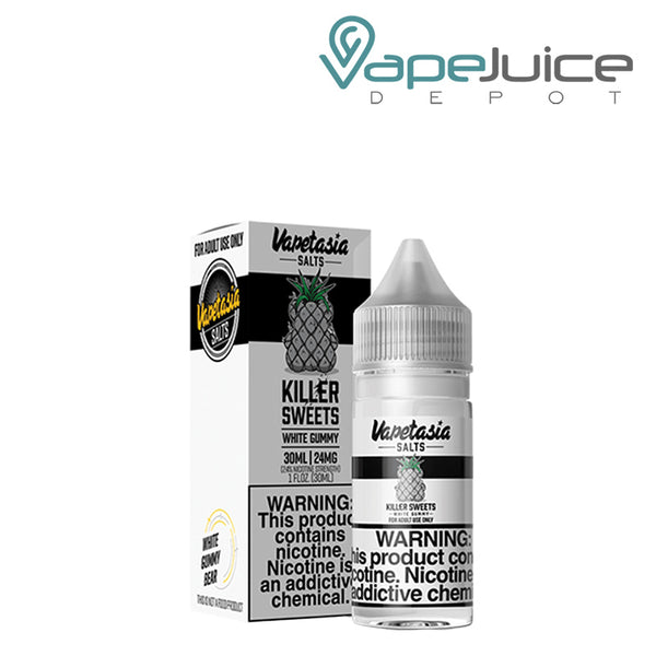 A box of White Gummy Vapetasia Salts with a warning sign and a 30ml bottle next to it - Vape Juice Depot