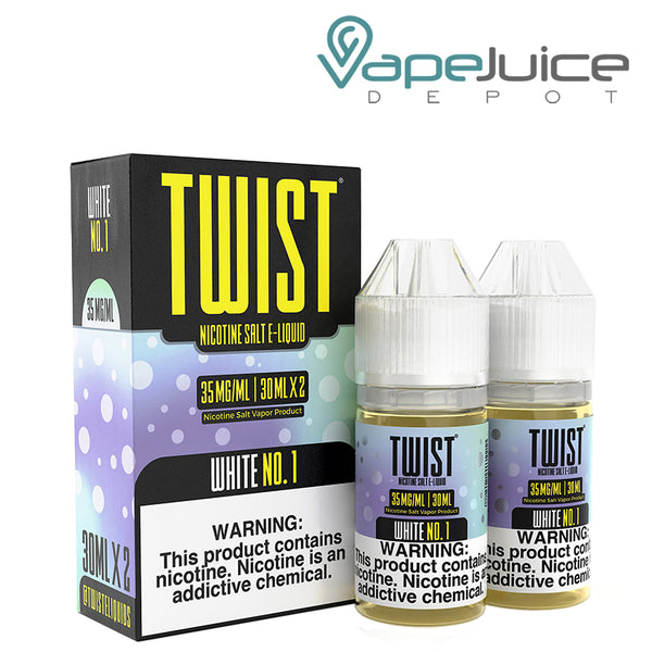 A box of White No 1 Twist Salt 35mg E-Liquid with a warning sign and two 30ml bottles next to it - Vape Juice Depot