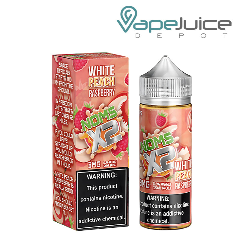 A Box of White Peach Raspberry NOMS X2 with a warning sign and a 120ml bottle next to it - Vape Juice Depot