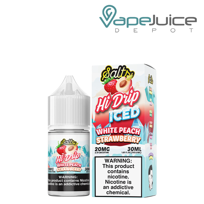 A 30ml bottle of White Peach Strawberry Iced Hi Drip Salts and a box with a warning sign next to it - Vape Juice Depot