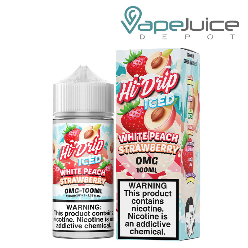 100ml bottle of White Peach Strawberry Iced Hi-Drip eLiquid and a box with a warning sign next to it - Vape Juice Depot