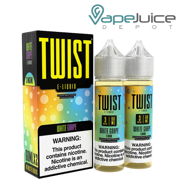 A box of Twist White Grape 3mg E-Liquid with a warning sign and two 60ml bottles next to it - Vape Juice Depot