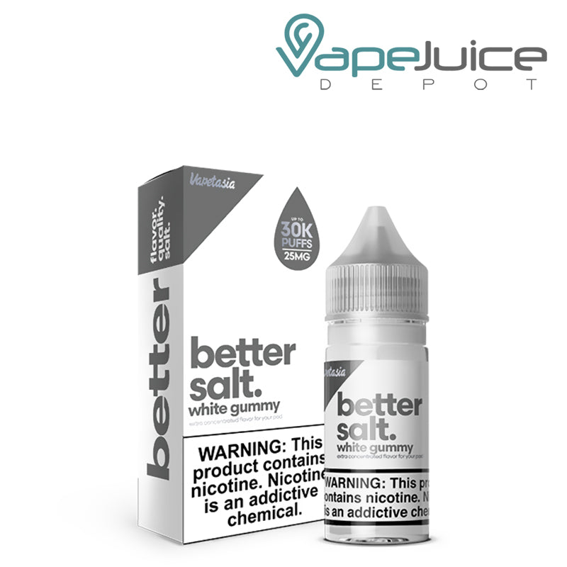 A box of White Gummy Vapetasia Better Salt with a warning sign and a 30ml bottle next to it - Vape Juice Depot