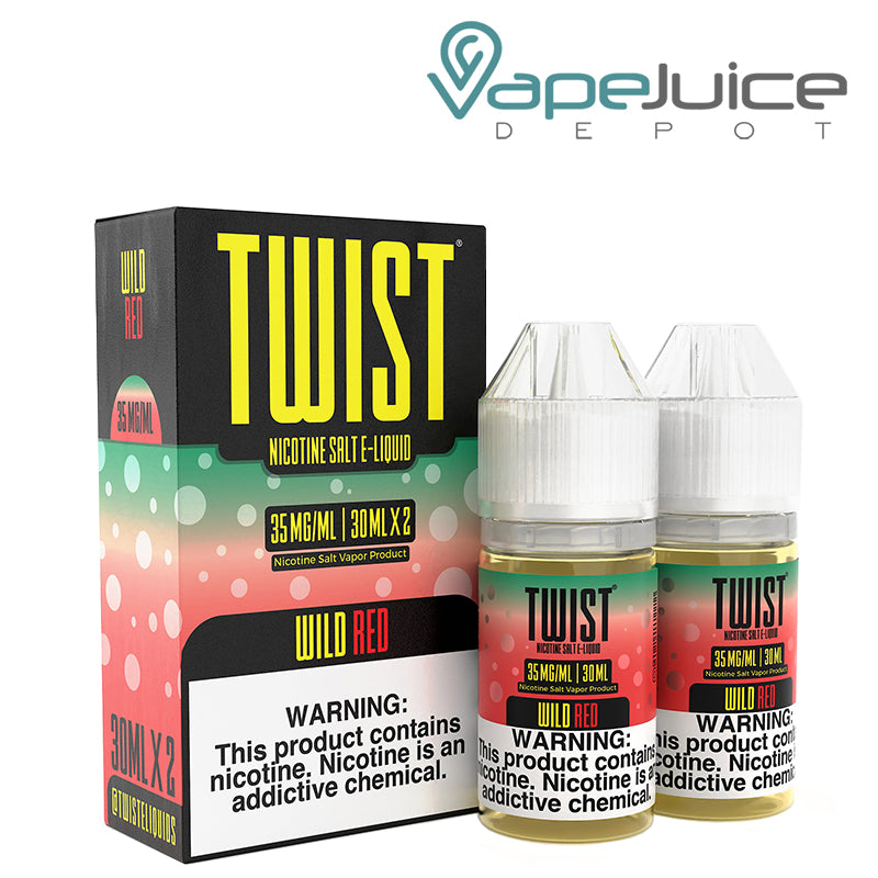 A box of Wild Red Twist Salt 35mg E-Liquid with a warning sign and two 30ml bottles next to it - Vape Juice Depot