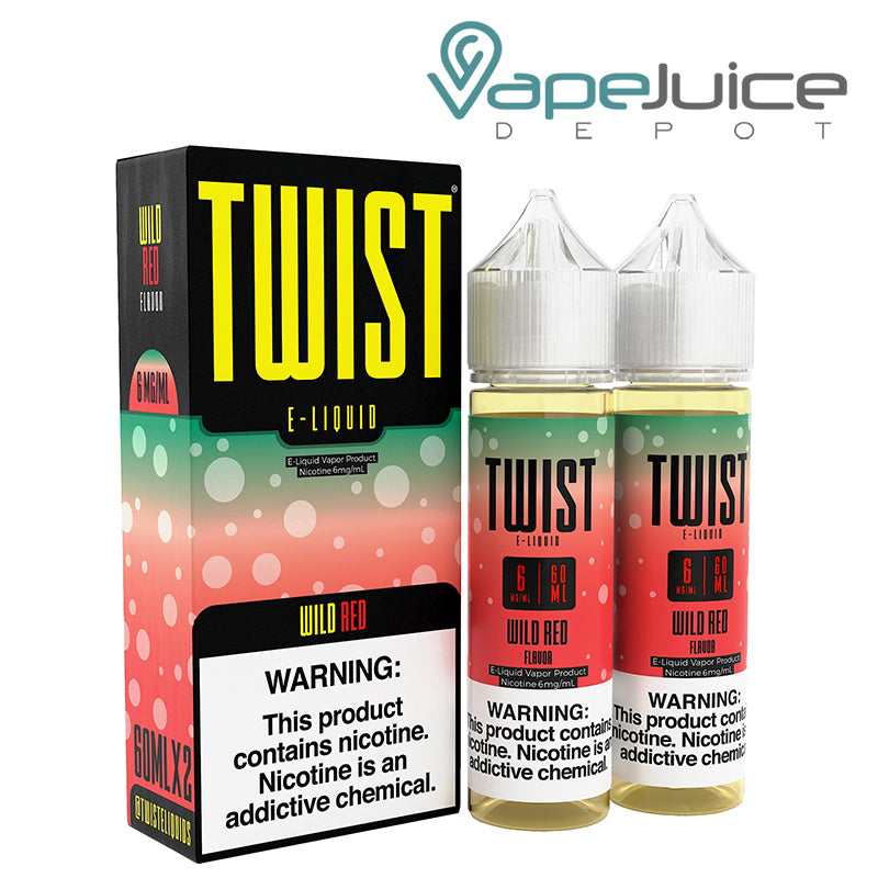 A box of Wild Red Twist 6mg E-Liquid with a warning sign and two 60ml bottles next to it - Vape Juice Depot