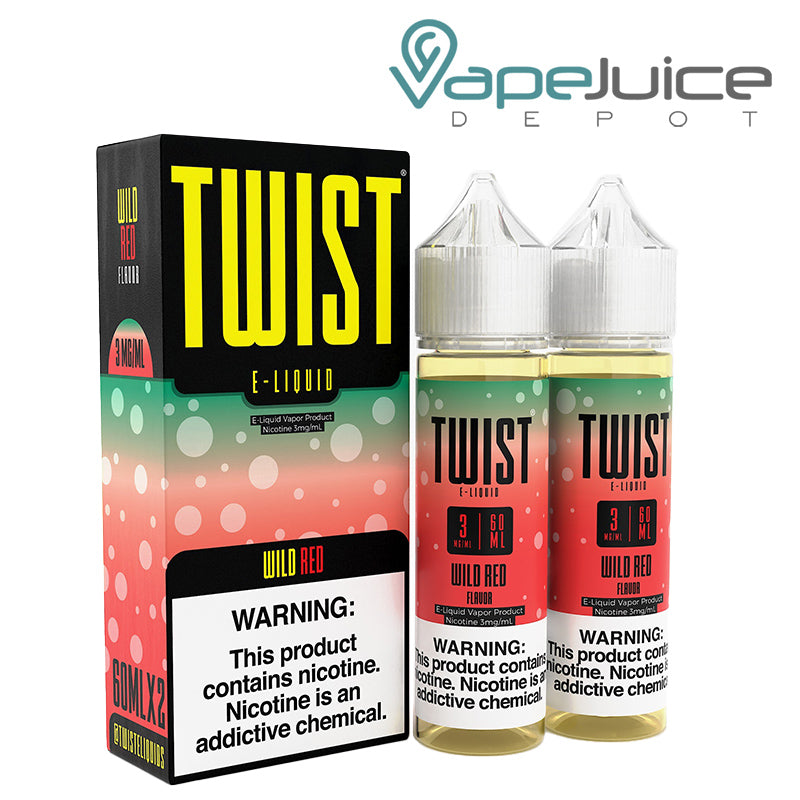 A box of Wild Red Twist 3mg E-Liquid with a warning sign and two 60ml bottles next to it - Vape Juice Depot