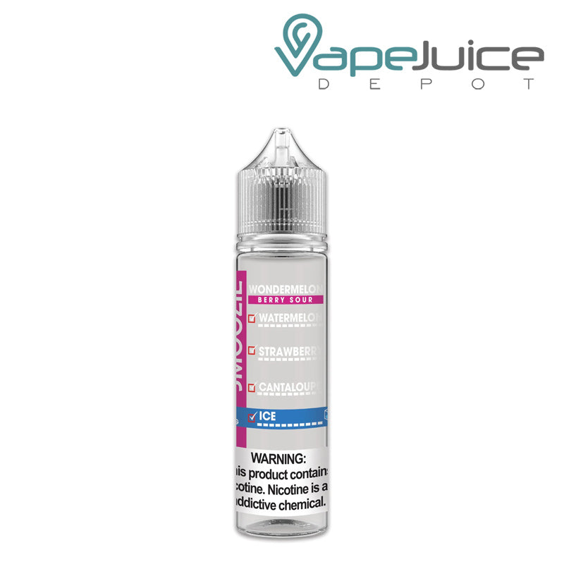 A 60ml bottle of Wondermelon Berry Sour Ice Smoozie eLiquid with a warning sign - Vape Juice Depot
