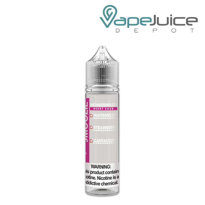 A 60ml bottle of Wondermelon Berry Sour Smoozie vape juice with a warning sign - Vape Juice Depot