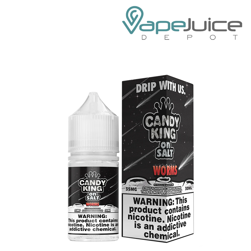 A 30ml bottle of Worms Candy King On Salt and a box with a warning sign next to it - Vape Juice Depot
