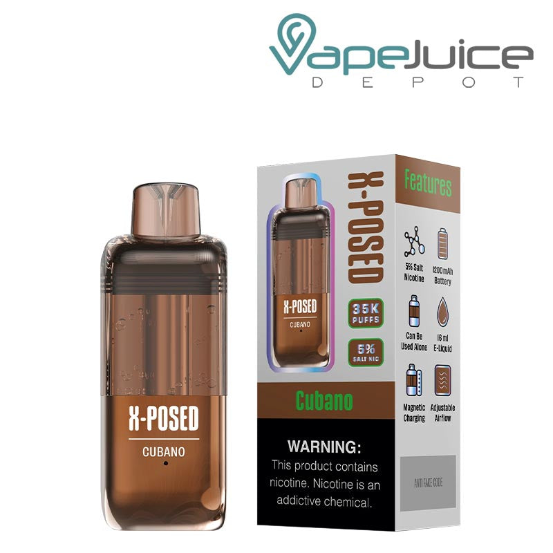 Cubano X-Posed 35K Tobacco Disposable Pod and a box with a warning sign next to it - Vape Juice Depot