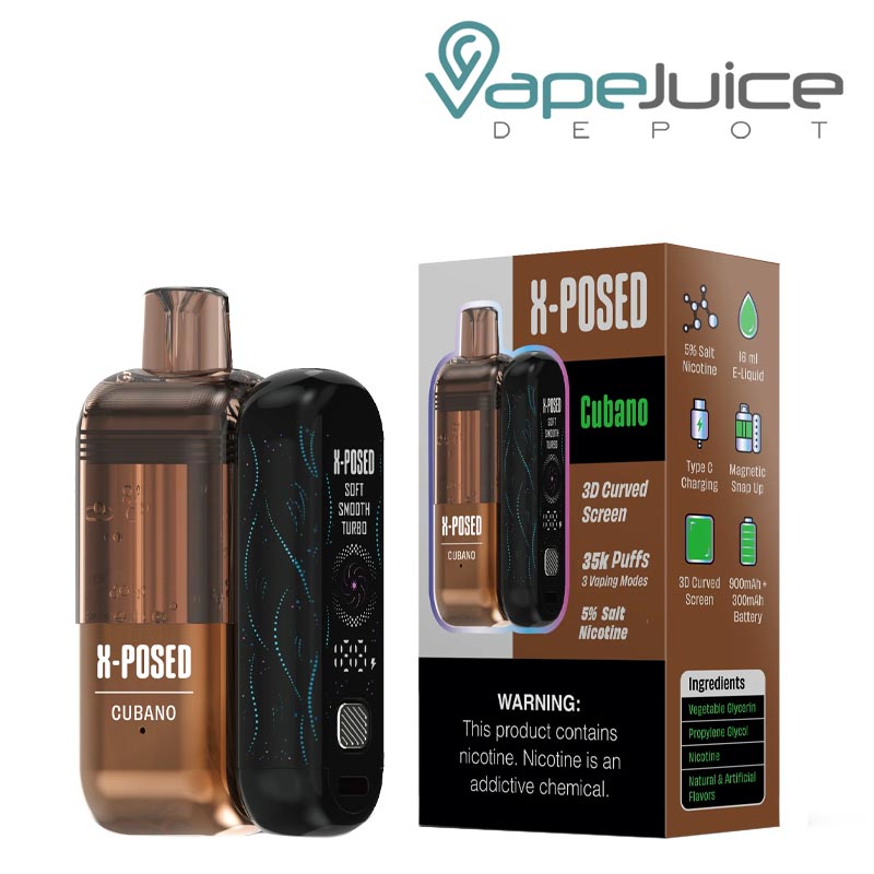 Cuban X-Posed 35K Tobacco Disposable Pod with firing button and a box with a warning sign next to it - Vape Juice Depot
