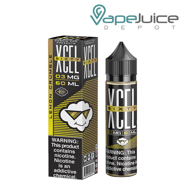 A box of XCEL Sixty Lemon Crumble Cosmic Fog with a warning sign and a 60ml bottle next to it - Vape Juice Depot