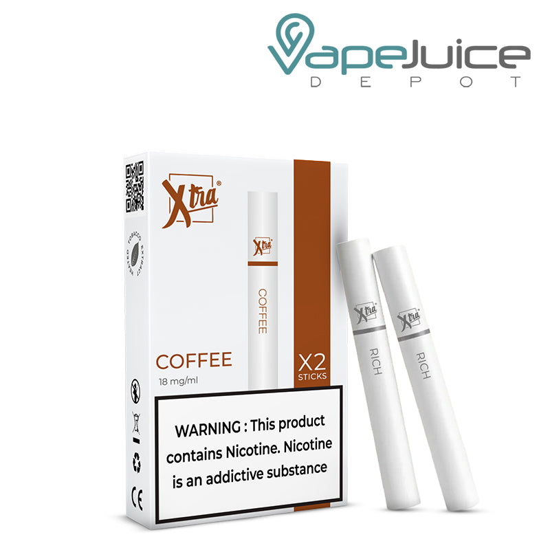 A Box of Coffee Xtra Sticks with a warning sign and two sticks next to it - Vape Juice Depot