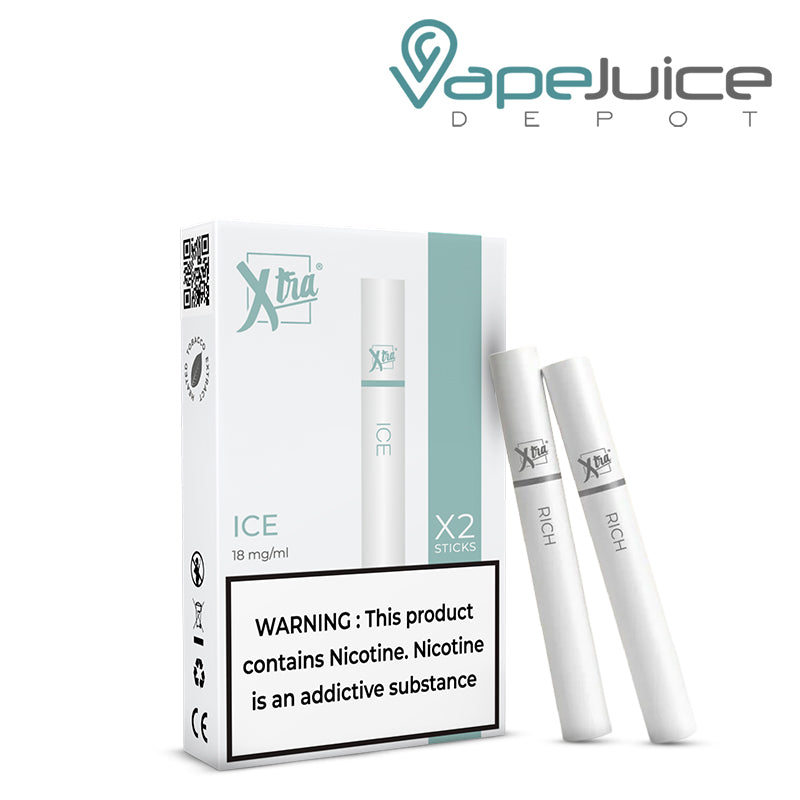 A Box of Ice Xtra Sticks with a warning sign and two sticks next to it - Vape Juice Depot