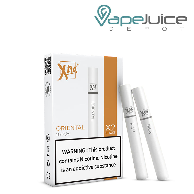 A Box of Oriental Xtra Sticks with a warning sign and two sticks next to it - Vape Juice Depot