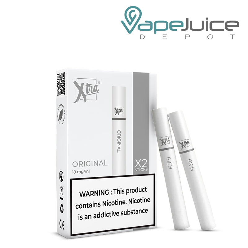A Box of Original Xtra Sticks with a warning sign and two sticks next to it - Vape Juice Depot