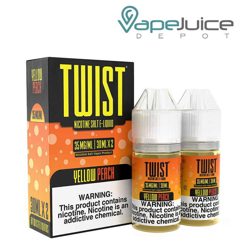 A box of Yellow Peach Twist Salt 35mg E-Liquid with a warning sign and two 30ml bottles next to it - Vape Juice Depot