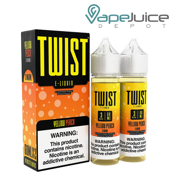 A box of Yellow Peach Twist 3mg E-Liquid with a warning sign and two 60ml bottles next to it - Vape Juice Depot