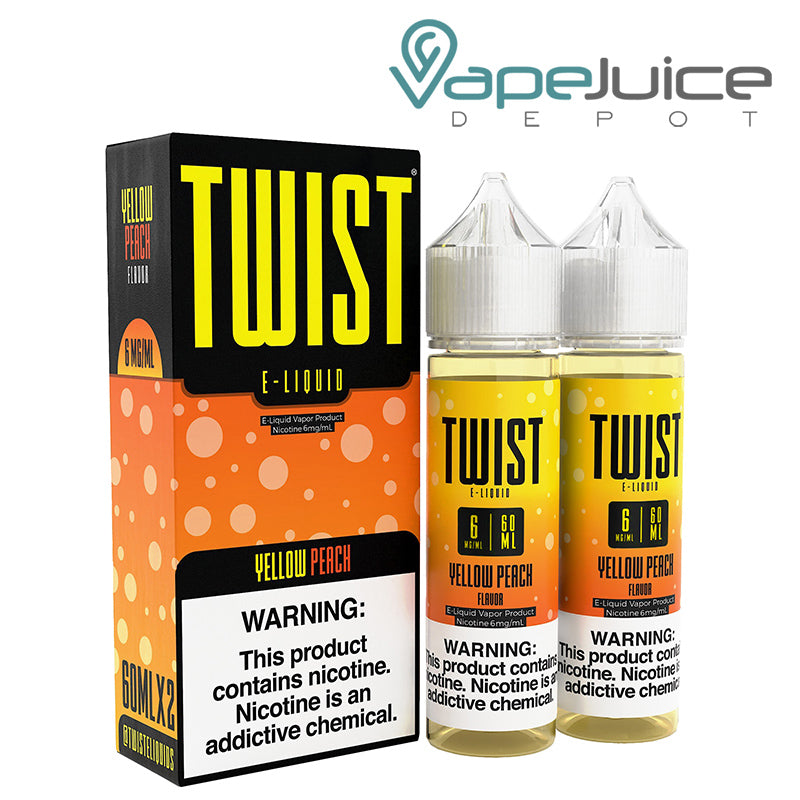 A box of Yellow Peach Twist 6mg E-Liquid with a warning sign and two 60ml bottles next to it - Vape Juice Depot