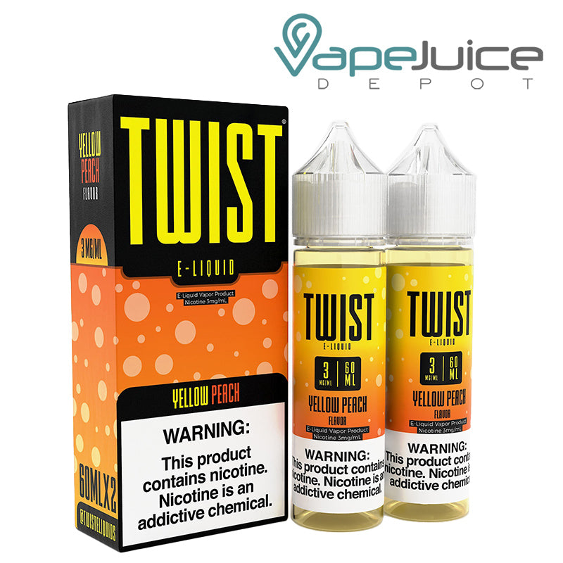 A box of Yellow Peach Twist 3mg E-Liquid with a warning sign and two 60ml bottles next to it - Vape Juice Depot
