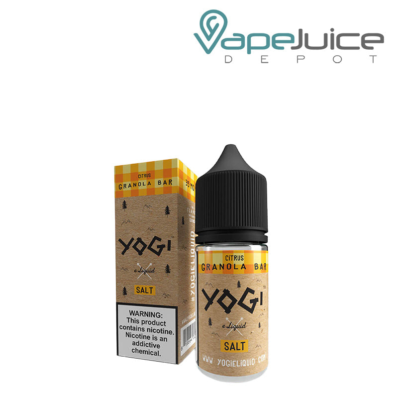 A box of Citrus Granola Bar YOGI Salts with a warning sign and a 30ml bottle next to it - Vape Juice Depot