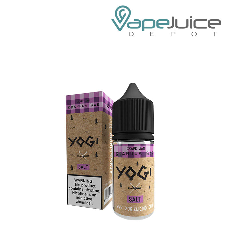 A box of Grape Jam Granola Bar YOGI Salts with a warning sign and a 30ml bottle next to it - Vape Juice Depot