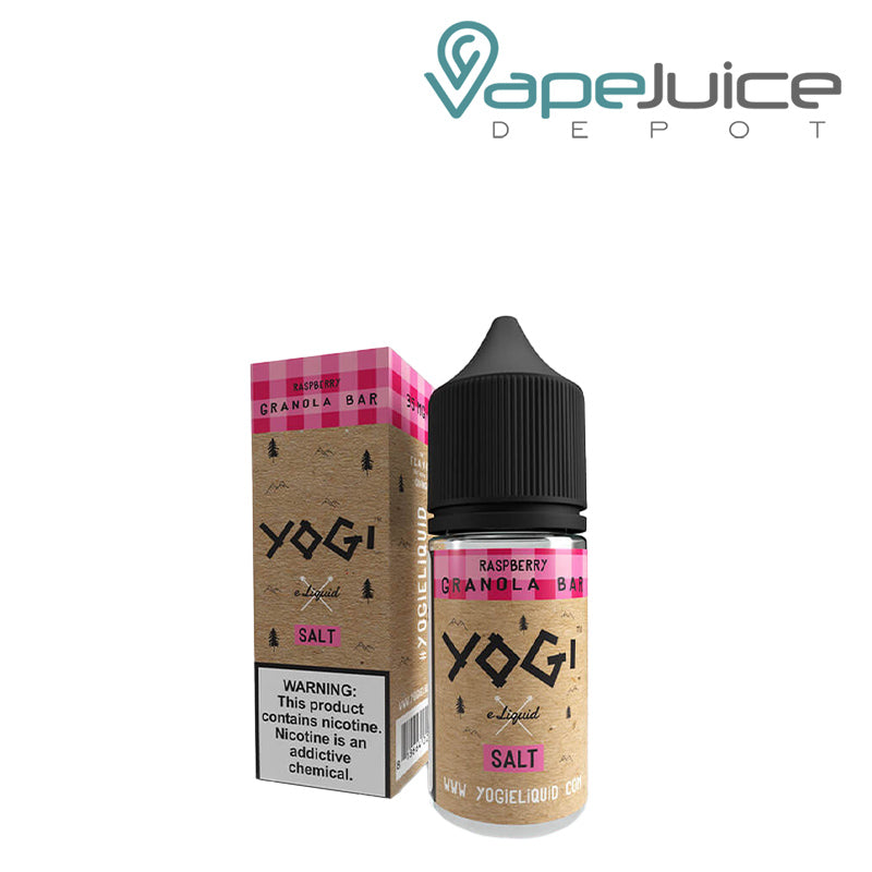 A box of Raspberry Granola Bar YOGI Salts with a warning sign and a 30ml bottle next to it - Vape Juice Depot