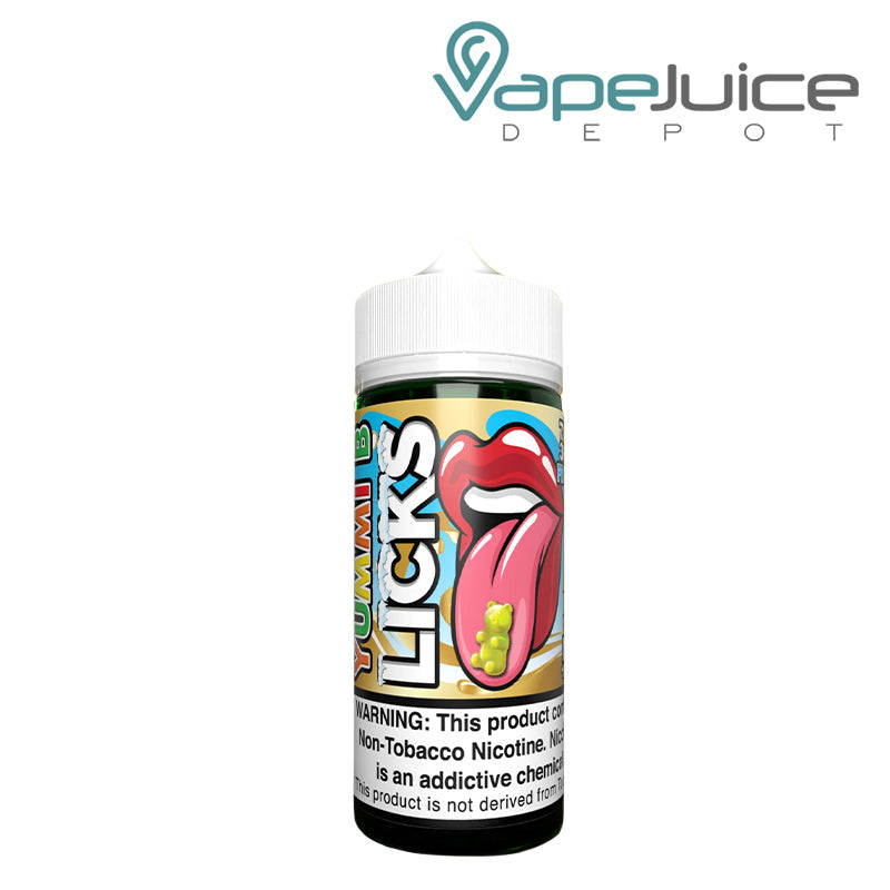 A 100ml bottle of Yummi B Frozty LICKS Roll Upz with a warning sign - Vape Juice Depot