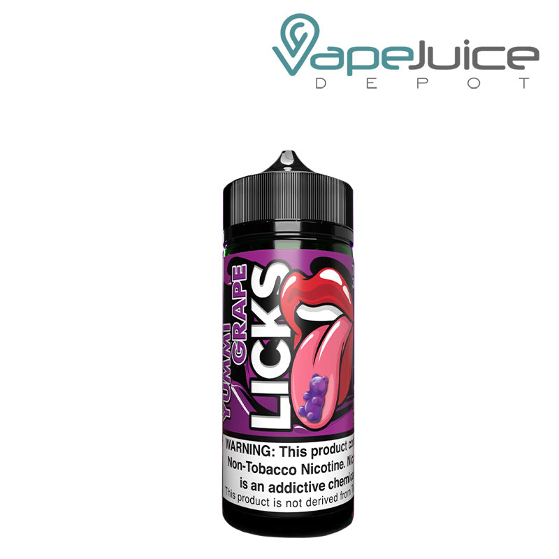 A 100ml bottle of Yummi Grape LICKS Roll Upz with a warning sign - Vape Juice Depot