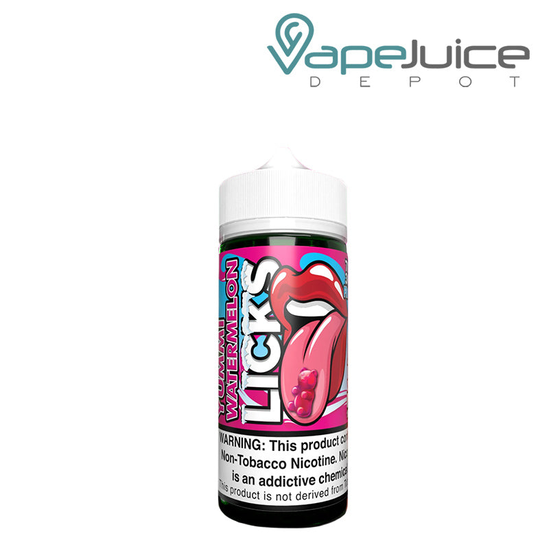 A 100ml bottle of Yummi Watermelon Frozty LICKS Roll Upz with a warning sign - Vape Juice Depot
