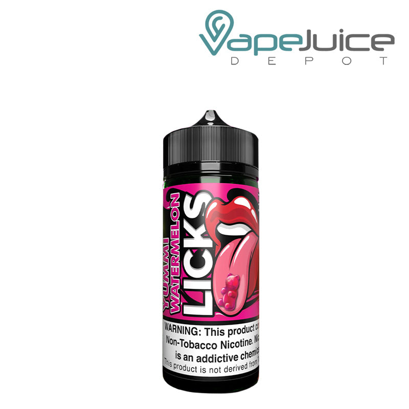 A 100ml bottle of Yummi Watermelon LICKS Roll Upz with a warning sign - Vape Juice Depot