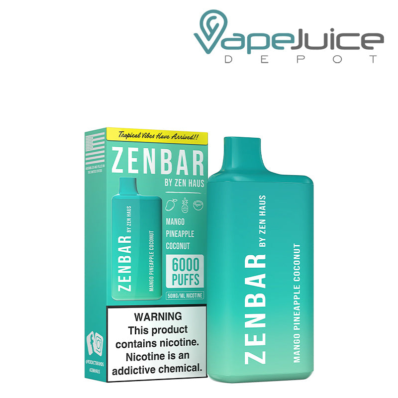 A box of ZENBAR 6000 Disposable Vape Serenity with a warning sign and a disposable next to it - Vape Juice Depot