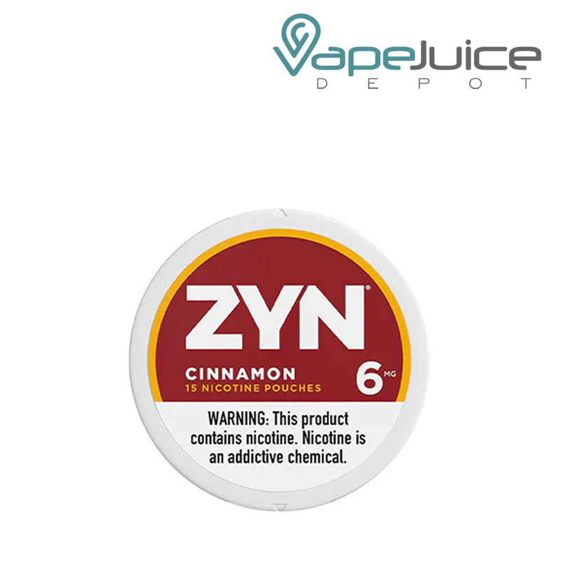 ZYN Cinnamon Nicotine Pouches 6MG with a warning sign  - Vape Juice Depot