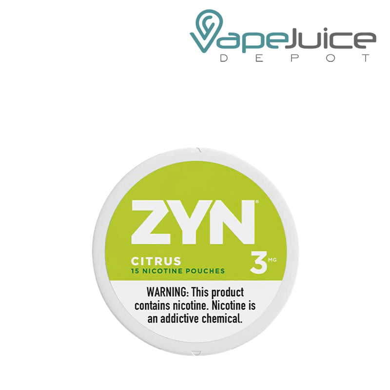 ZYN Citrus Nicotine Pouches 3MG with a warning sign  - Vape Juice Depot