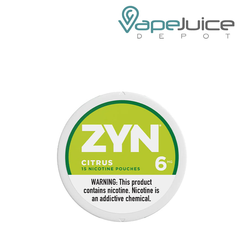 ZYN Citrus Nicotine Pouches 6MG with a warning sign  - Vape Juice Depot