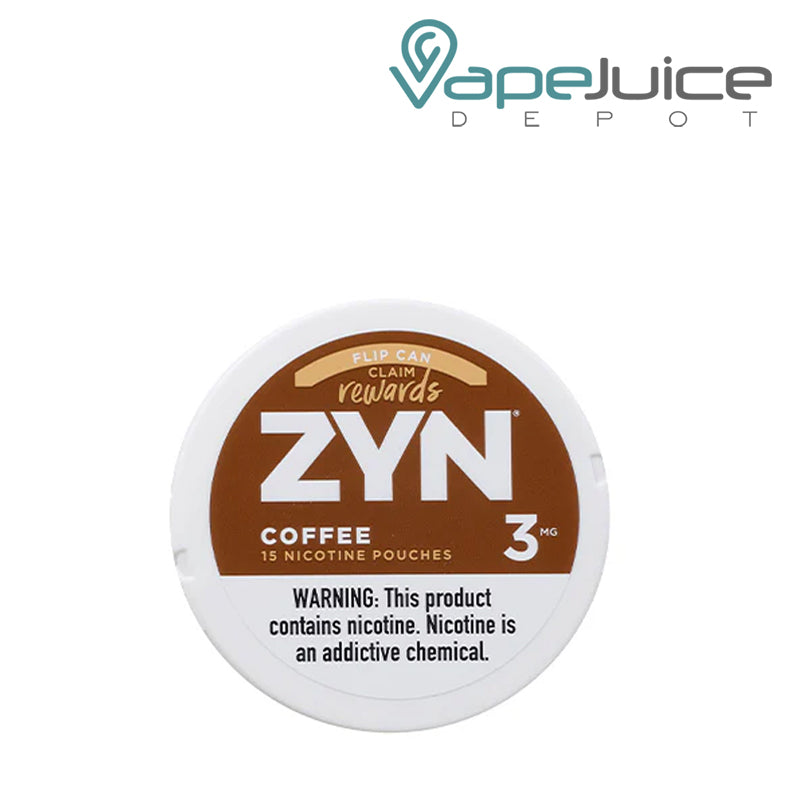 3mg ZYN Coffee Nicotine Pouches with a warning sign - Vape Juice Depot