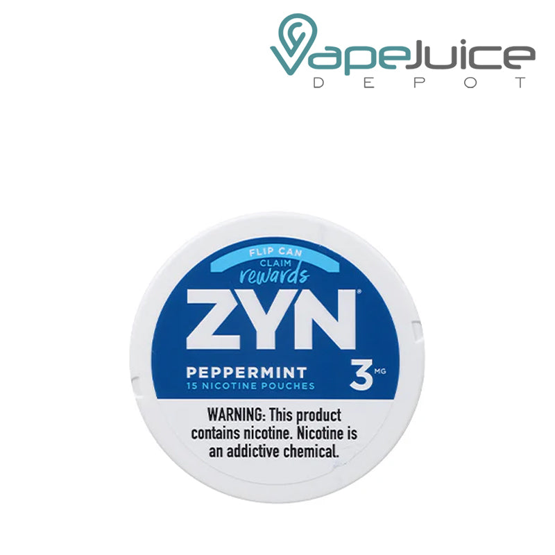 ZYN Peppermint Nicotine Pouches 3mg with a warning sign  - Vape Juice Depot