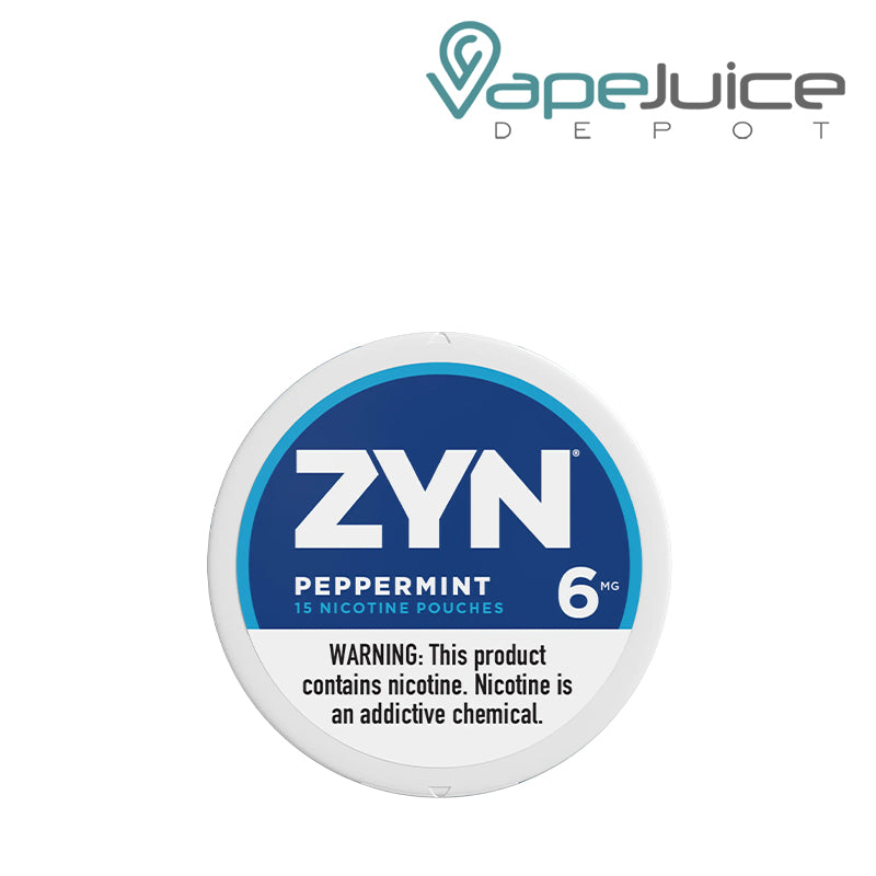 ZYN Peppermint Nicotine Pouches 6mg with a warning sign  - Vape Juice Depot