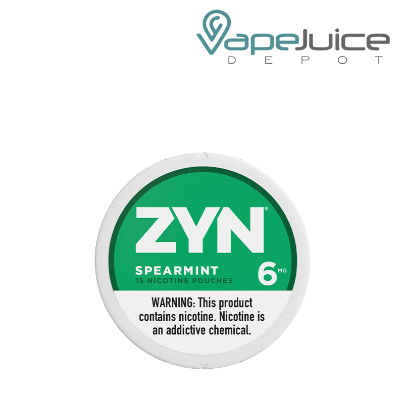 ZYN Spearmint Nicotine Pouches 6MG with a warning sign - Vape Juice Depot