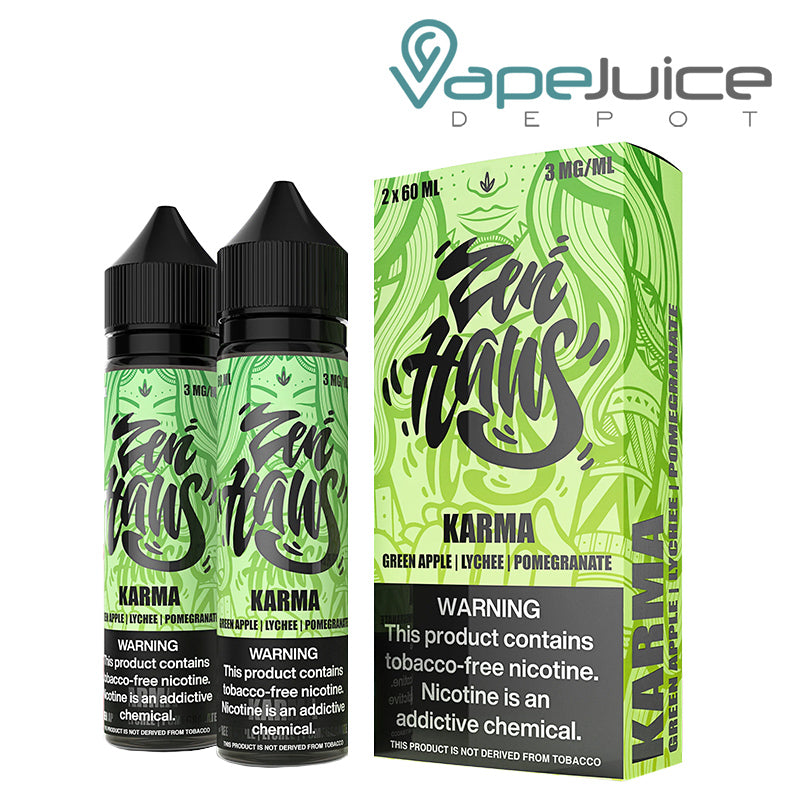 Twin pack of 60ml bottles of Zen Haus Karma Verdict Vapors with a warning sign and a box next to it - Vape Juice Depot