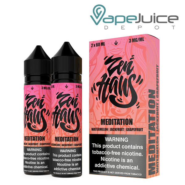 Two 60ml bottles of Zen Haus Meditation Verdict Vapors with a warning sign and a box next to it - Vape Juice Depot