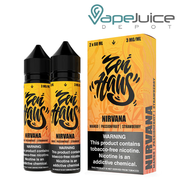 Two 60ml bottles of Zen Haus Nirvana Verdict Vapors with a warning sign and a box next to it - Vape Juice Depot