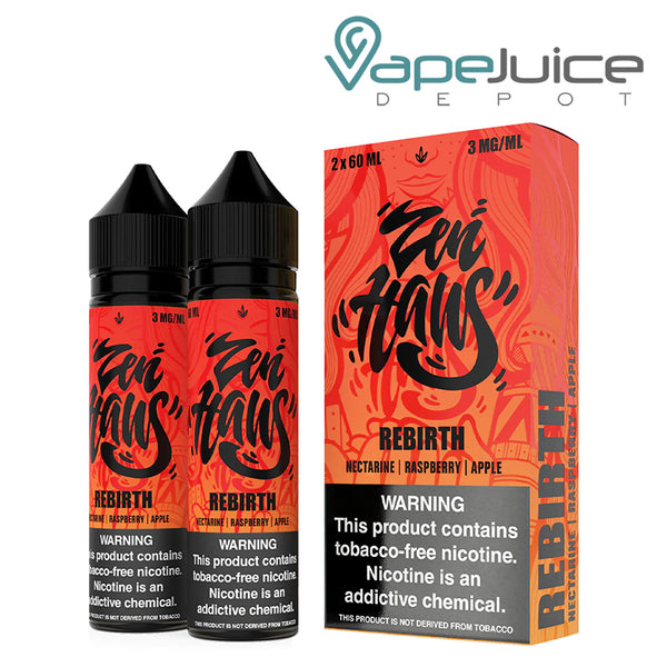 Two 60ml bottles of Zen Haus Rebirth Verdict Vapors with a warning sign and a box next to it - Vape Juice Depot