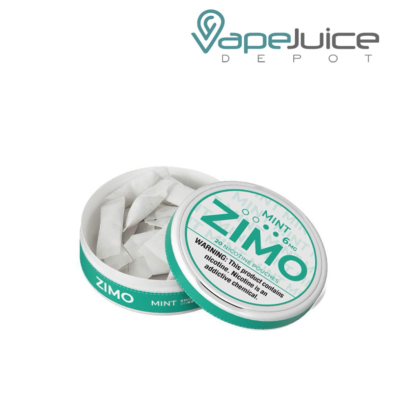 Open can of Mint Zimo Pouches with a warning sign - Vape Juice Depot