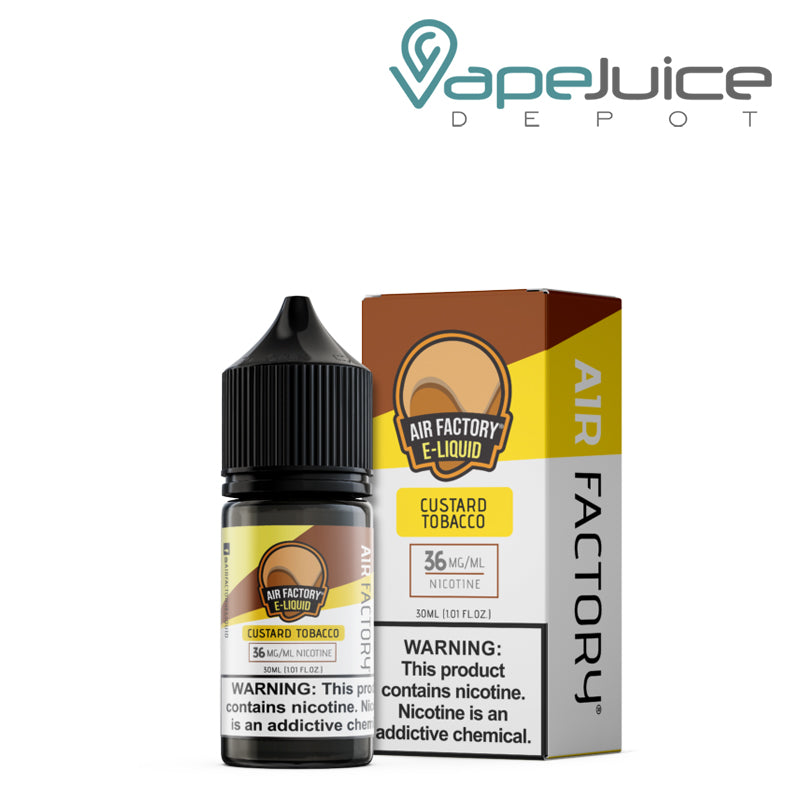 A 30ml bottle of Custard Tobacco Air Factory Salts 36mg and a box with a warning sign next to it - Vape Juice Depot