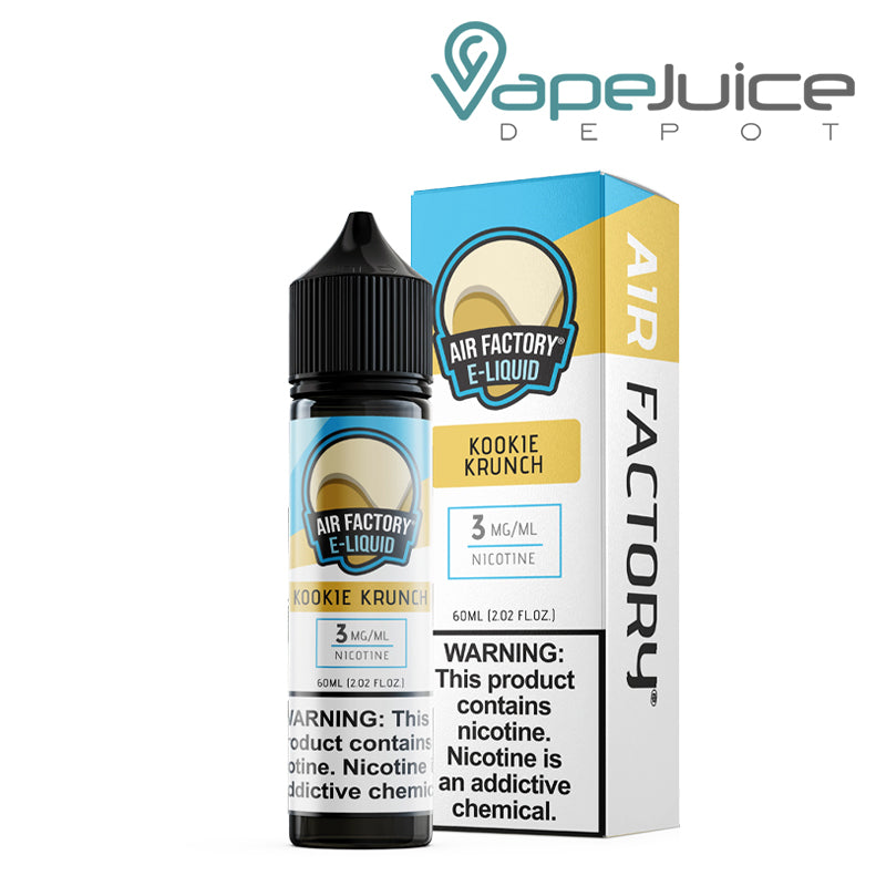 A 60ml bottle of Kookie Krunch Air Factory eLiquid 3mg and a box with a warning sign next to it - Vape Juice Depot