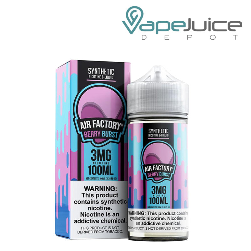 A box of Berry Burst Air Factory eLiquid and a 100ml bottle with a warning sign next to it - Vape Juice Depot